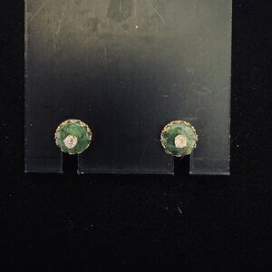 N52 -  Vintage Green Enamel Stud Earrings with Rhinestone Center Gold Tone